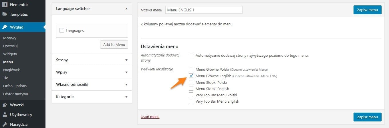 Zaznacz opcję języka w menu - wtyczka Polylang | nazwa.pl