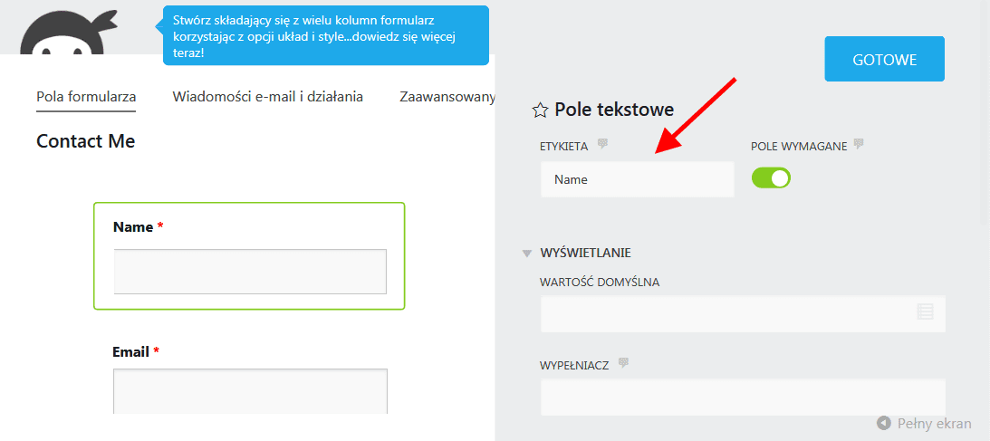 Uzupełnianie pola tekstowego w Ninja Forms | nazwa.pl