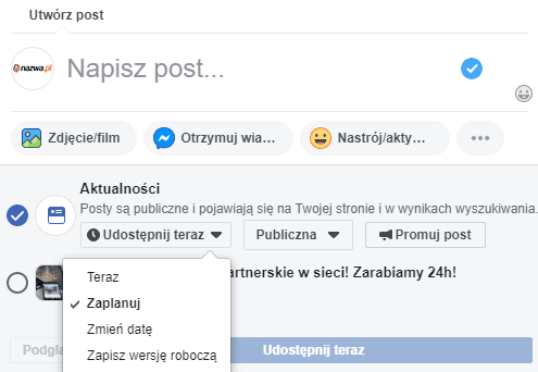 Jak planować publikacje postów - Facebook | nazwa.pl