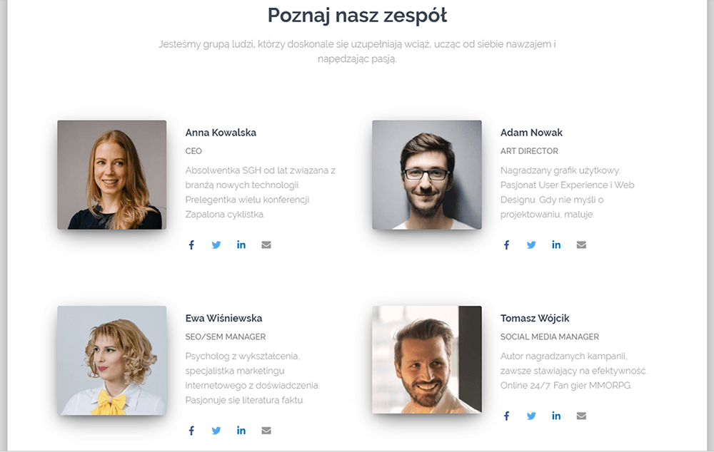 Zakładka "Poznaj nasz zespół" - prezentacja zespołu firmy na stronie www. Na blogu nazwa.pl poznaj zalety rozmieszczenia informacji o pracownikach na Twojej stronie.