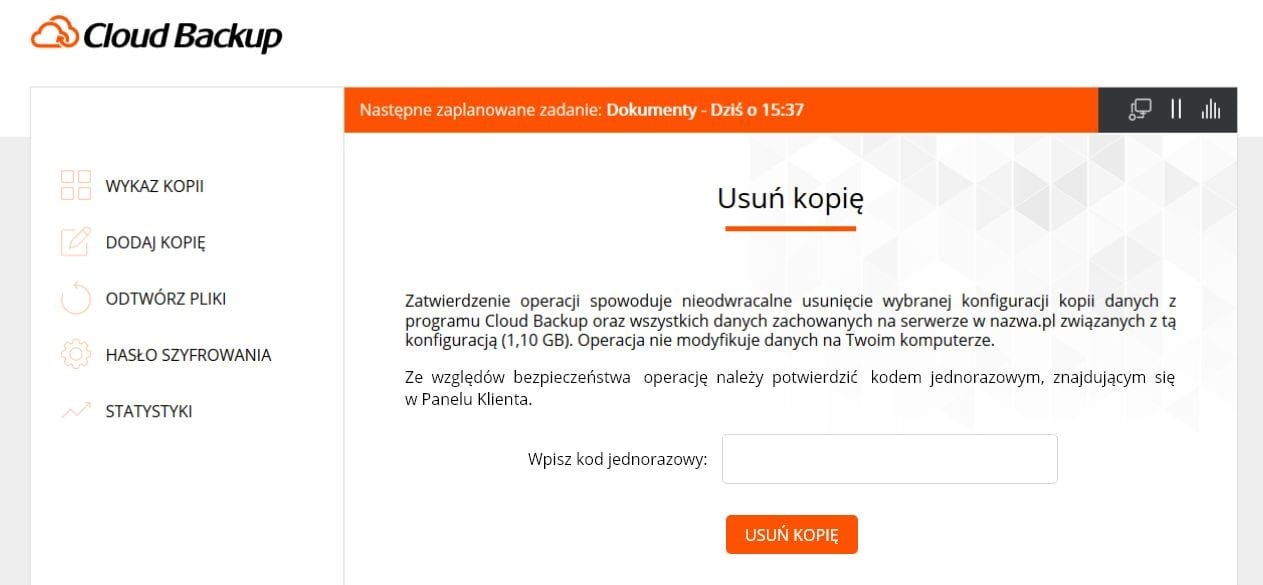 Nowy Cloud Backup od nazwa.pl - Widok zakładki "Usuń kopię" w aplikacji.