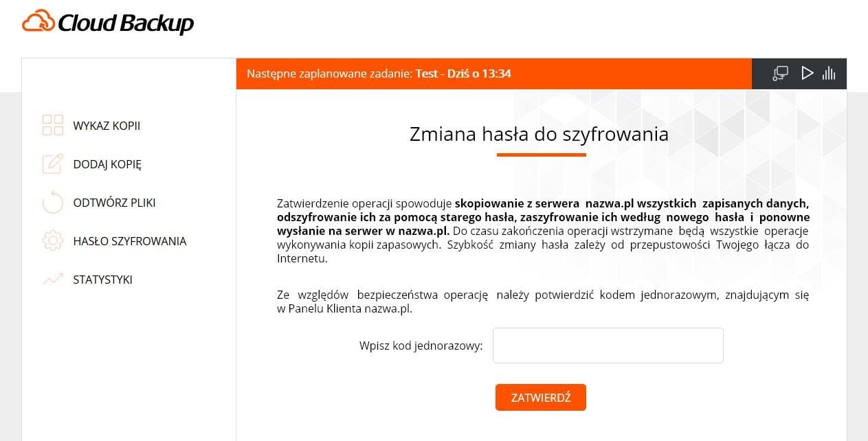 Nowy Cloud Backup od nazwa.pl - Widok zakładki "Zmiana hasła do szyfrowania" w aplikacji.