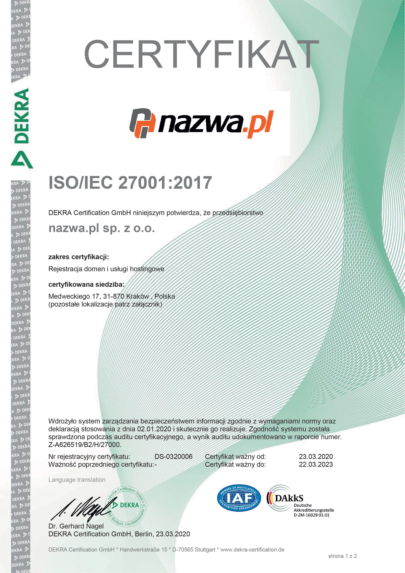 Certyfikat Zarządzania Bezpieczeństwem Informacji | nazwa.pl