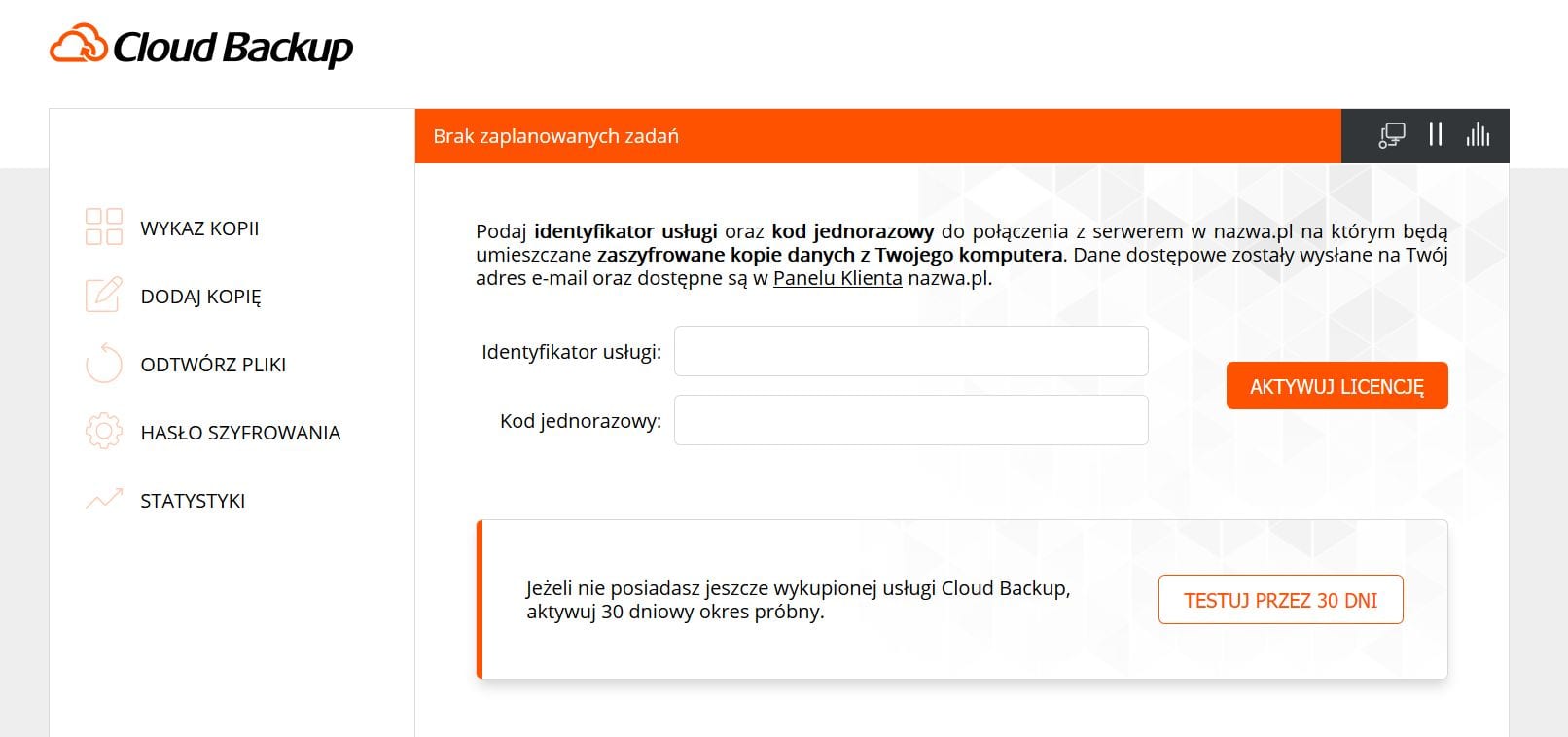 Podgląd programu Cloud Backup od nazwa.pl