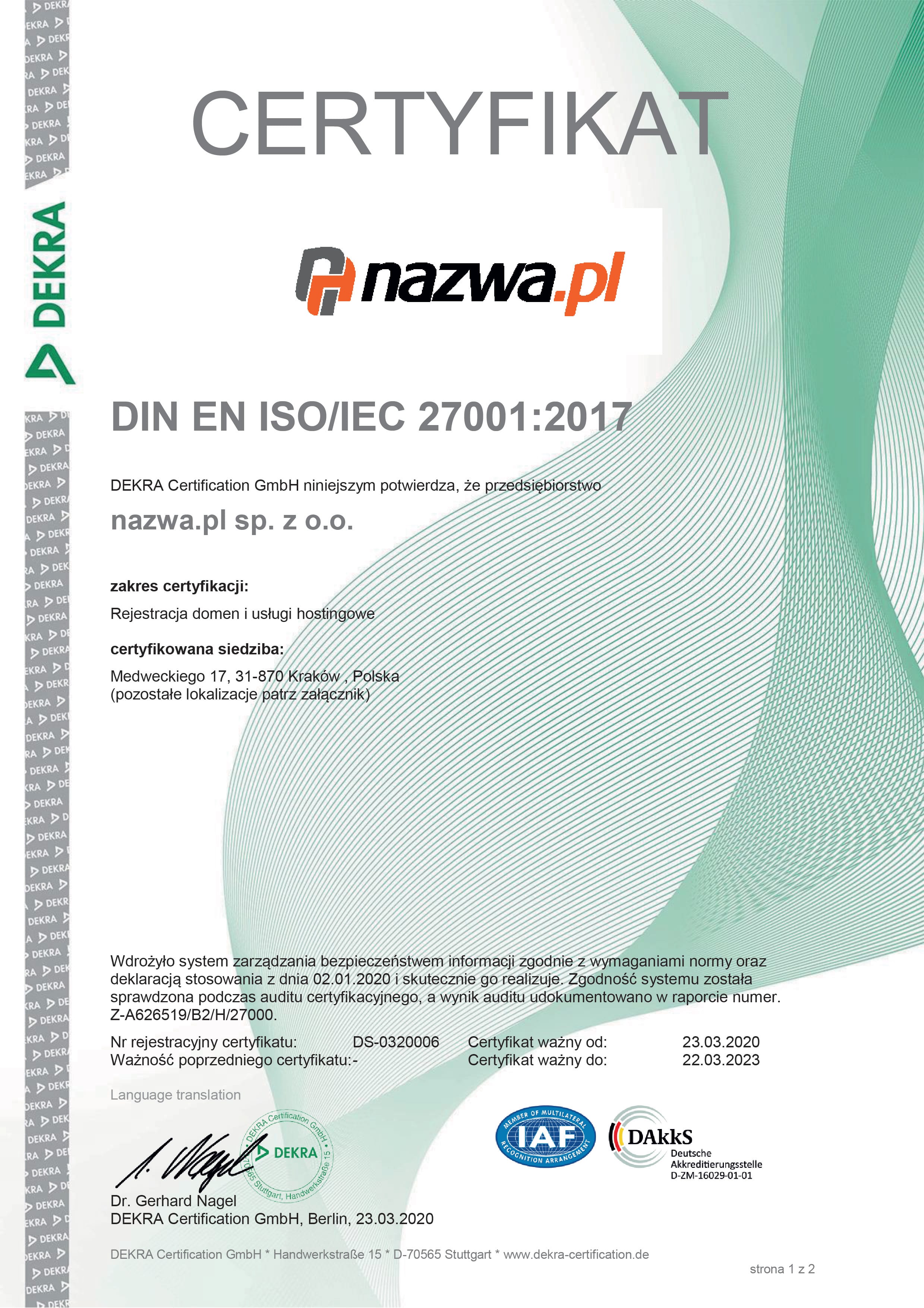 Certyfikat DIN EN ISO/IES 27001:2017 dla nazwa.pl