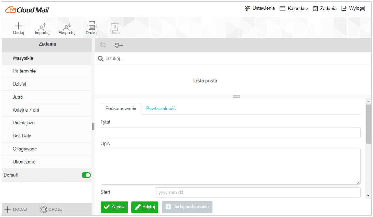 Funkcja Zadania w Cloud Mail od nazwa.pl