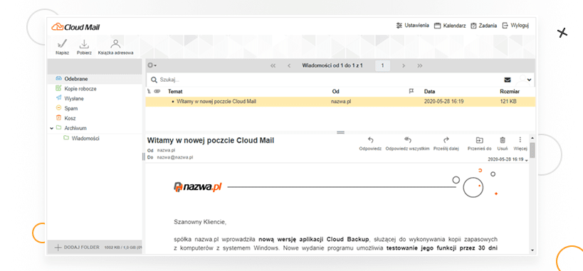 Cloud Mail od nazwa.pl podgląd programu pocztowego