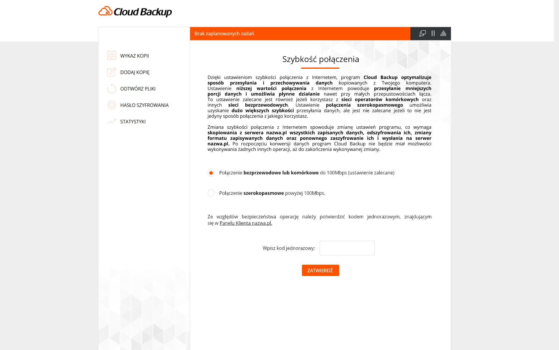 Szybkość połączenia w programie Cloud Backup w nazwa.pl