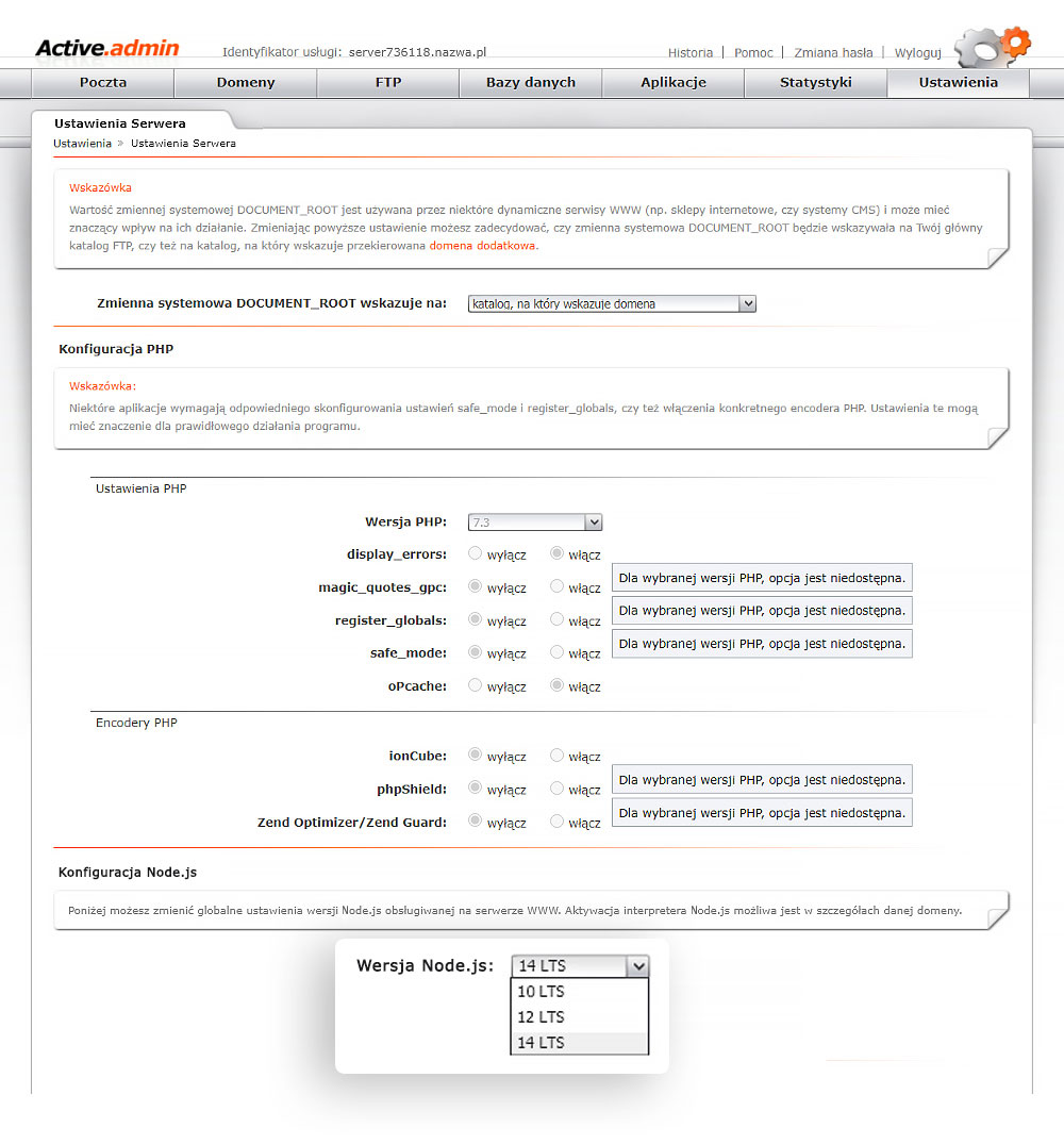Ustawienie wersji technologii Node.js na hostingu w nazwa.pl