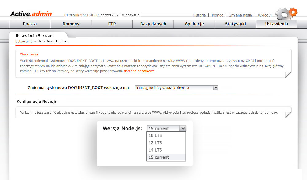 Wybór wersji Node.js na hostingu nazwa.pl