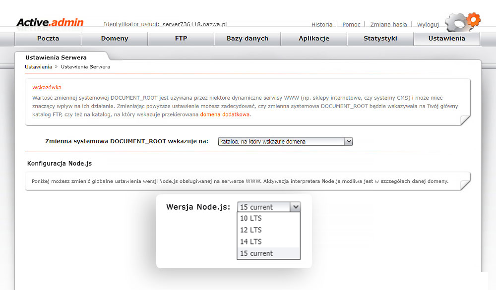 Wybór wersji Node.js na hostingu nazwa.pl