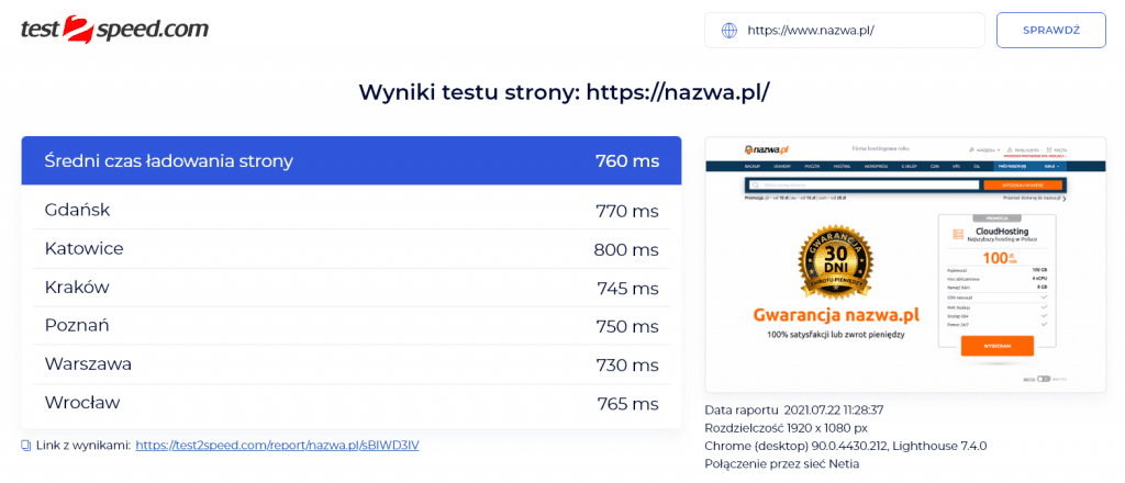 Serwis test2speed.com do testowania szybkości strony internetowej w każdym z węzłów sieci CDN nazwa.pl