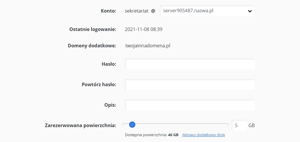 Data ostatniego logowania do konta e-mail CloudHosting Panel nazwa.pl