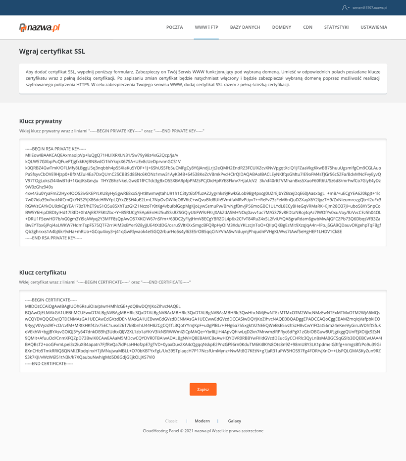 Samodzielne wgranie certyfikatu SSL w CloudHosting Panel w nazwa.pl