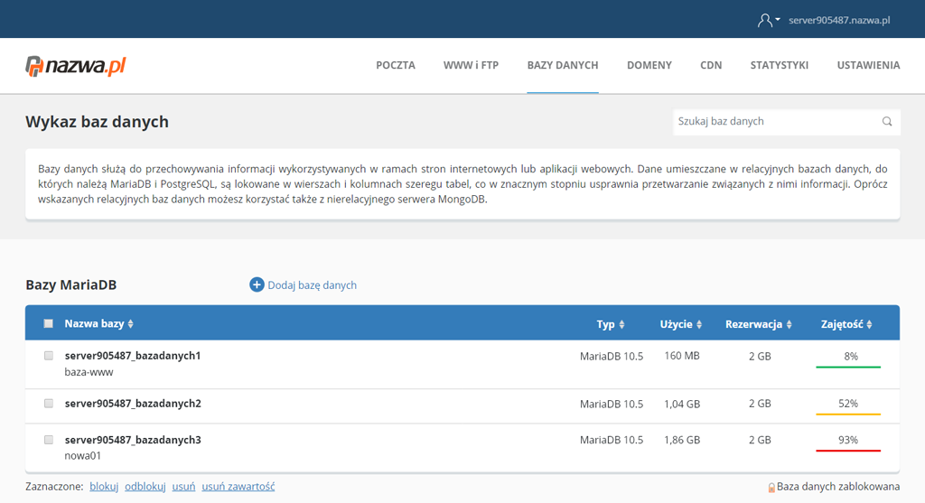 Sortowanie w wykazach i procentowe zajętości dyskowe CloudHosting Panel nazwa.pl