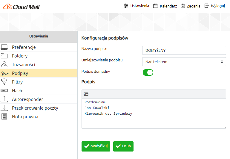 Automatyczny podpis przy wysyłaniu wiadomości - funkcjonalności programu pocztowego Cloud Mail | nazwa.pl