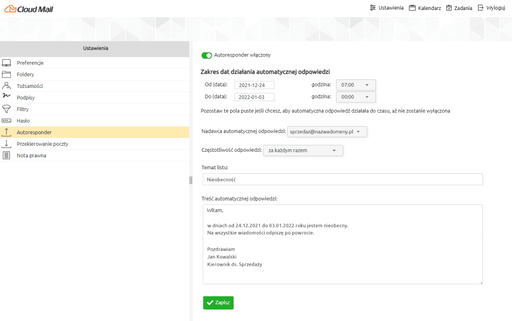 Autoresponder - funkcjonalności programu pocztowego Cloud Mail | nazwa.pl
