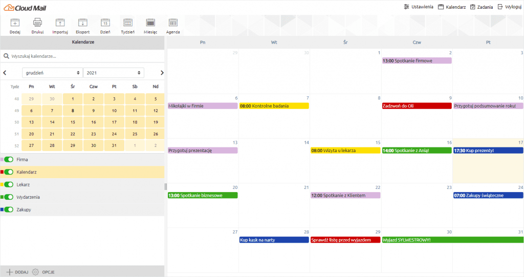 Kalendarz i Zadania - funkcjonalności programu pocztowego Cloud Mail | nazwa.pl