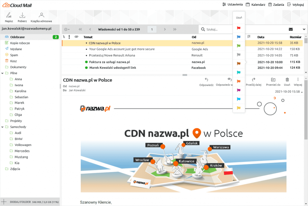 Oznaczenie statusu wiadomości za pomocą flag - funkcjonalności programu pocztowego Cloud Mail | nazwa.pl