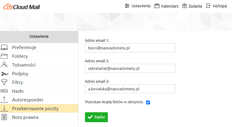 Przekierowanie poczty - funkcjonalności programu pocztowego Cloud Mail | nazwa.pl