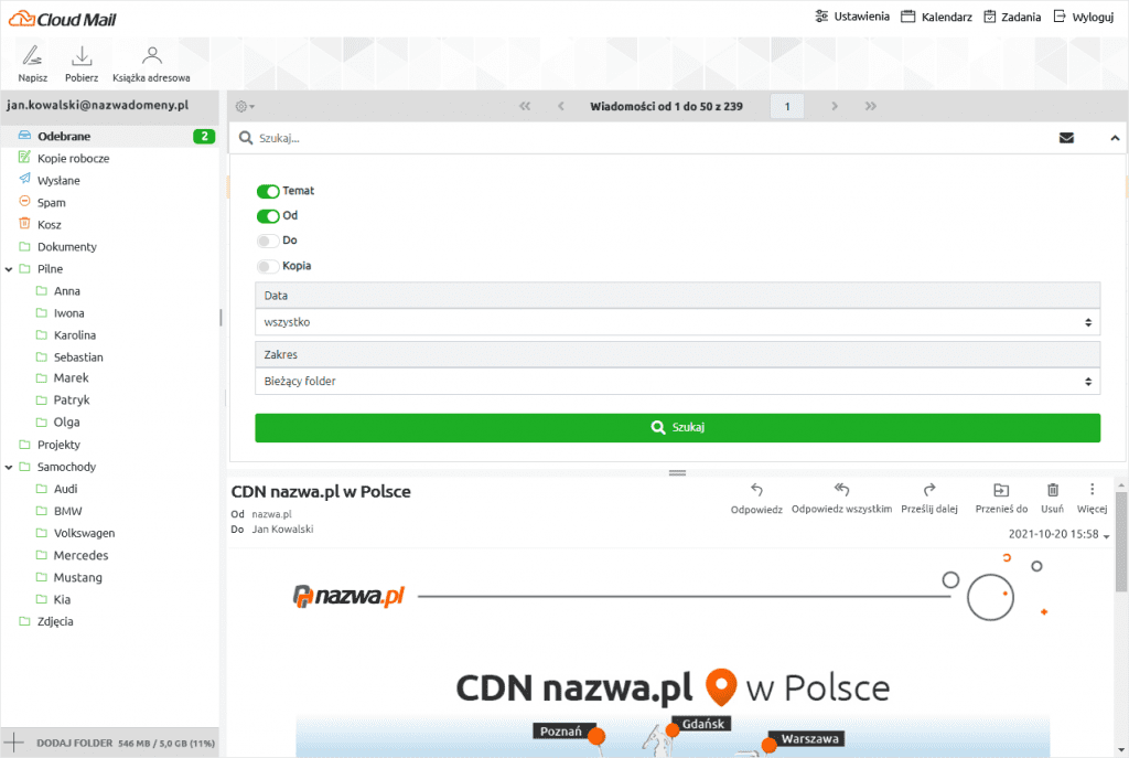 Wyszukiwarka wiadomości funkcjonalności programu pocztowego Cloud Mail | nazwa.pl
