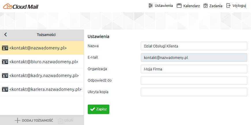 Zarządzanie tożsamościami - funkcjonalności programu pocztowego Cloud Mail | nazwa.pl