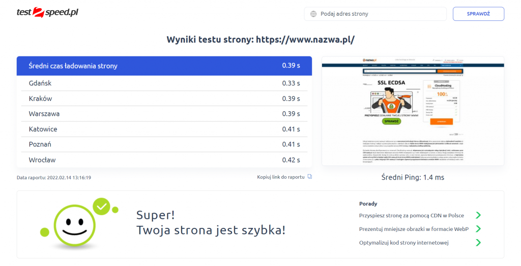 test2speed.pl - wyniki testu szybkości strony WWW | nazwa.pl