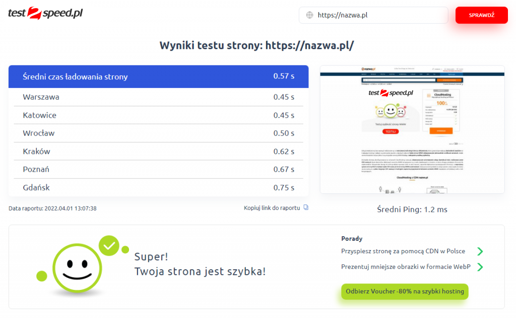 Sprawdź szybkość wyświetlania swojej strony WWW | nazwa.pl