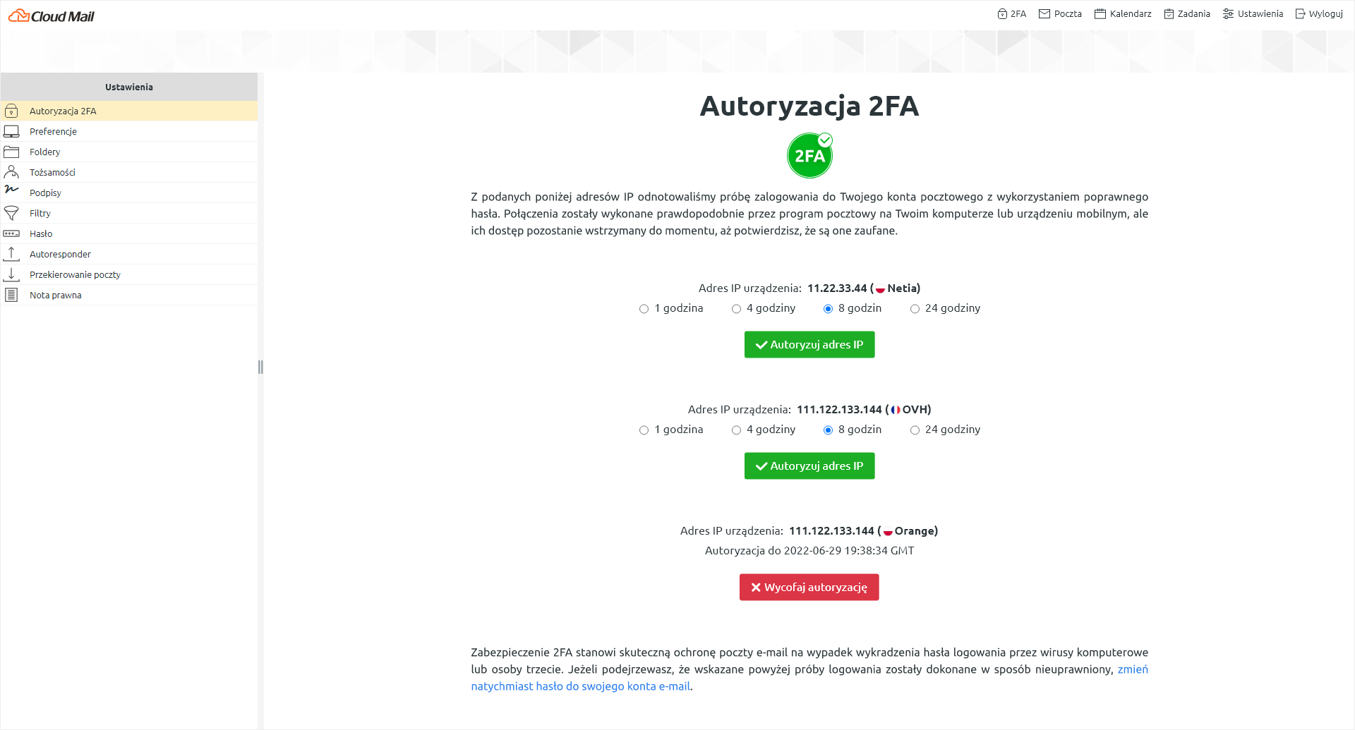 Autoryzacja 2FA w Cloud Mail | nazwa.pl