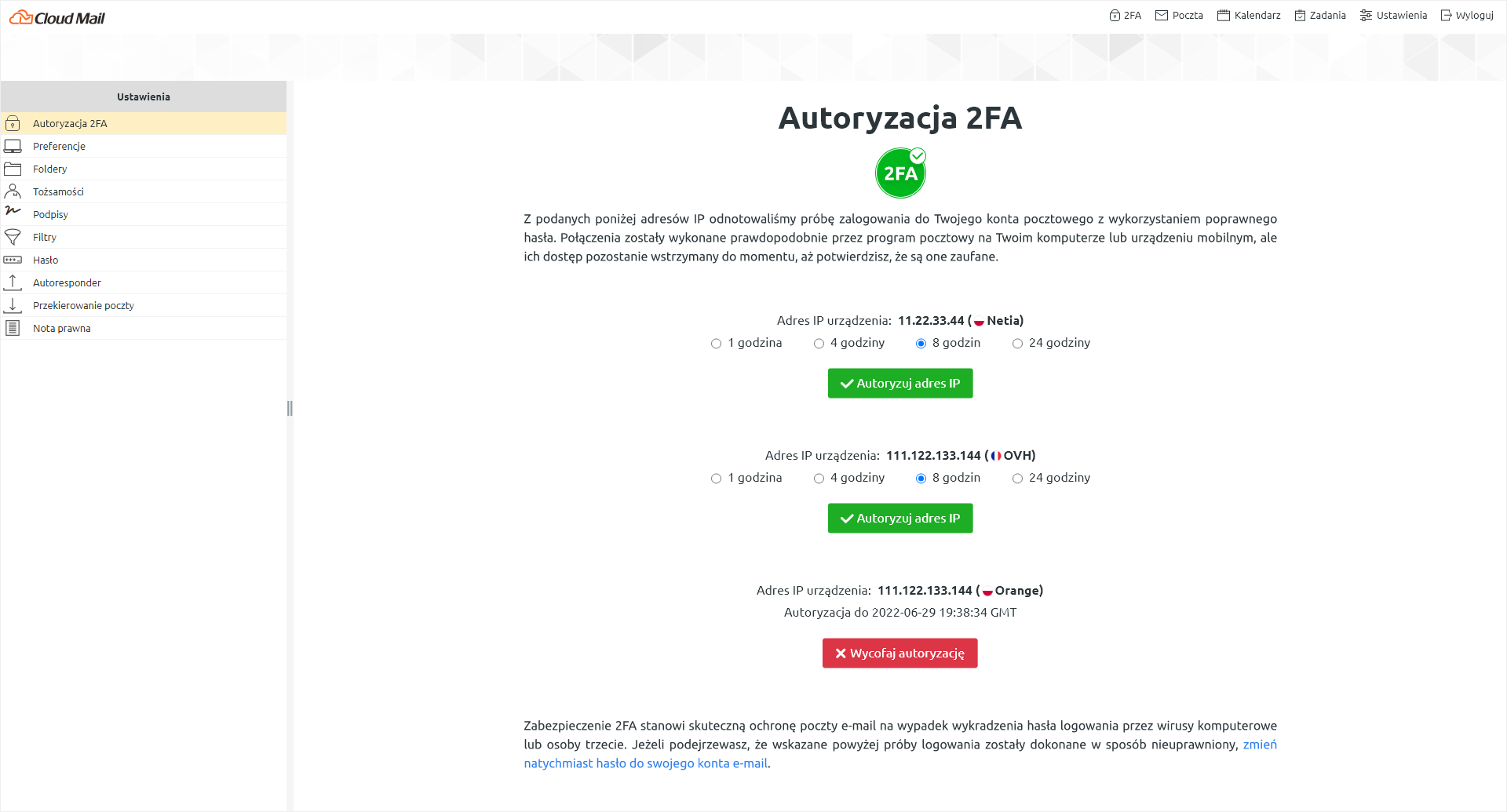 Autoryzacja 2FA w Cloud Mail | nazwa.pl