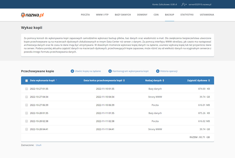 Wykaz kopii w CloudHosting Panel | nazwa.pl