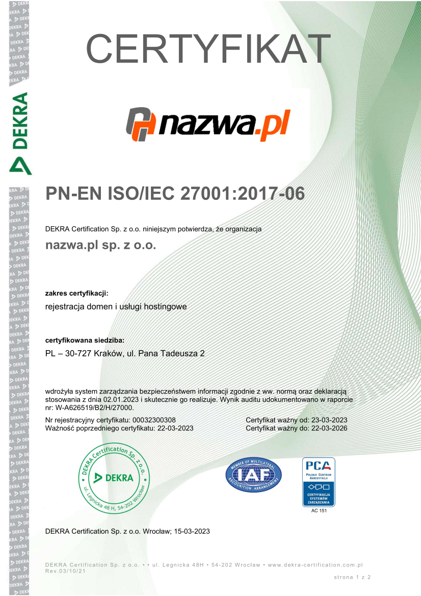 Certyfikat ISO 27001:2017 dla nazwa.pl