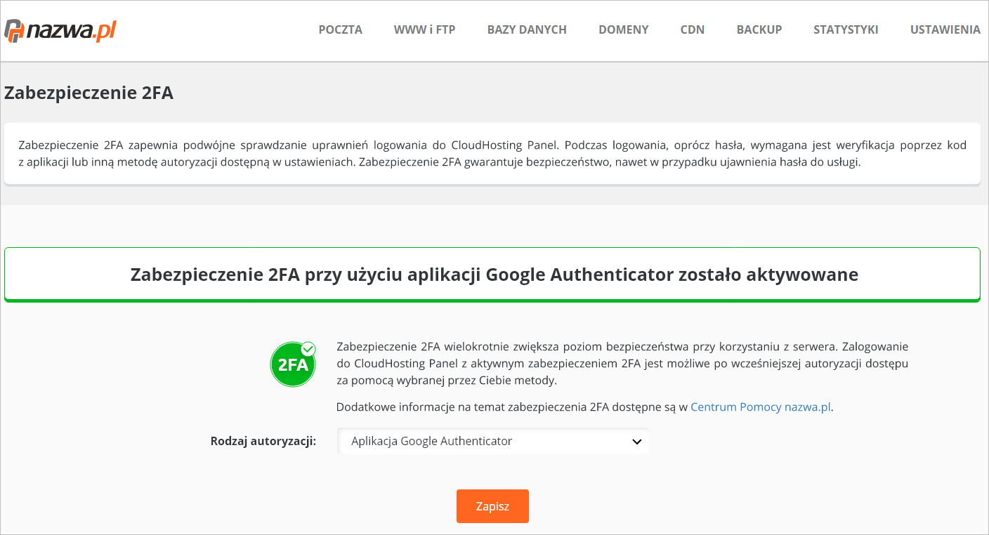 CloudHosting Panel z zabezpieczeniem 2FA | nazwa.pl
