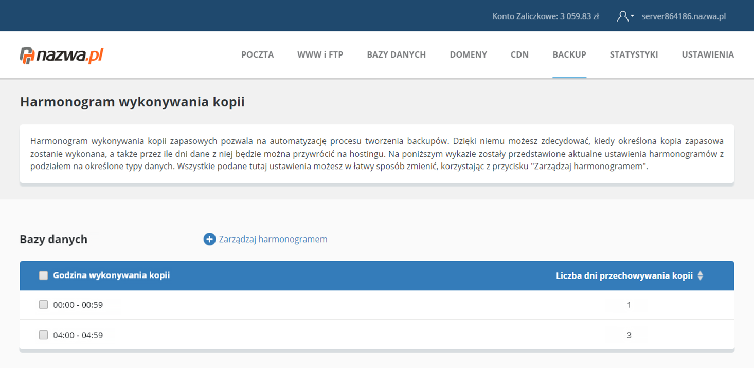 Harmonogram wykonywania kopii zapasowej | nazwa.pl