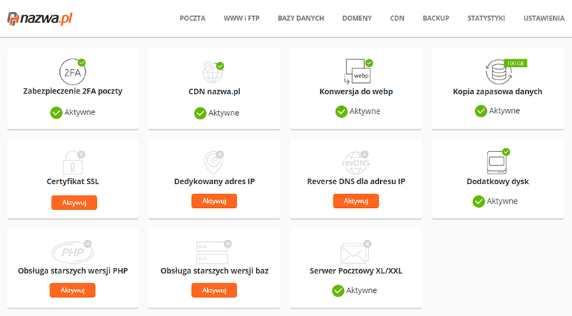 Usługi dodatkowe w CloudHosting Panel nazwa.pl