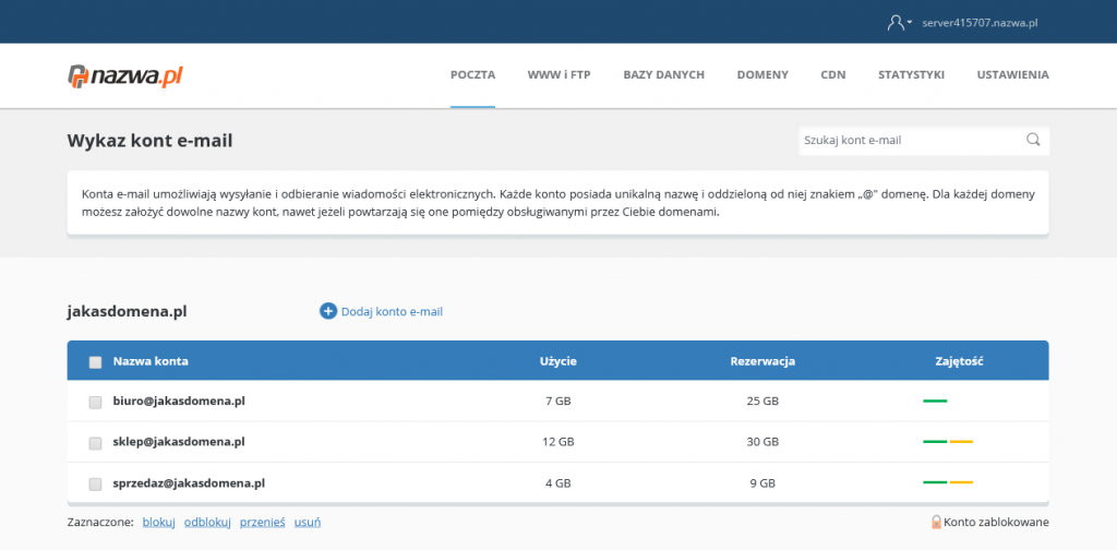 Wykaz kont e-mail w CloudHosting Panel | nazwa.pl