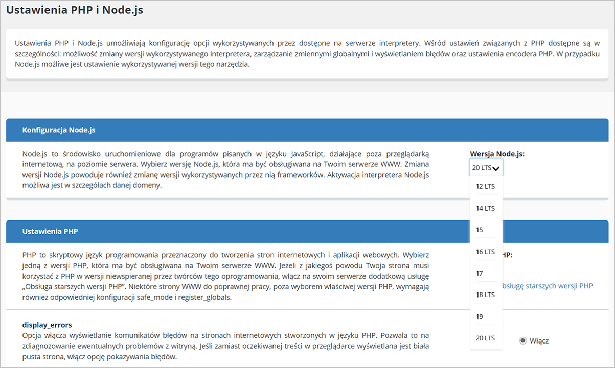 Ustawienia PHP i Node.js | nazwa.pl