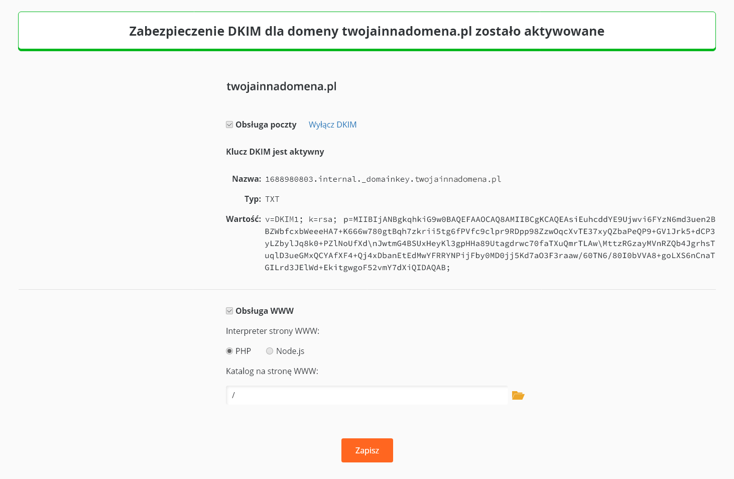 Aktywacja klucza DKIM w CloudHosting Panel nazwa.pl