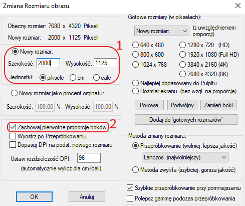 IrfanView zmiana rozmiaru piksele