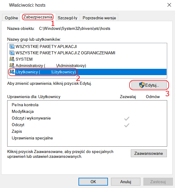edycja hosts uprawnienia 1