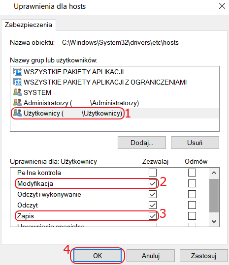 edycja hosts nadanie uprawnien