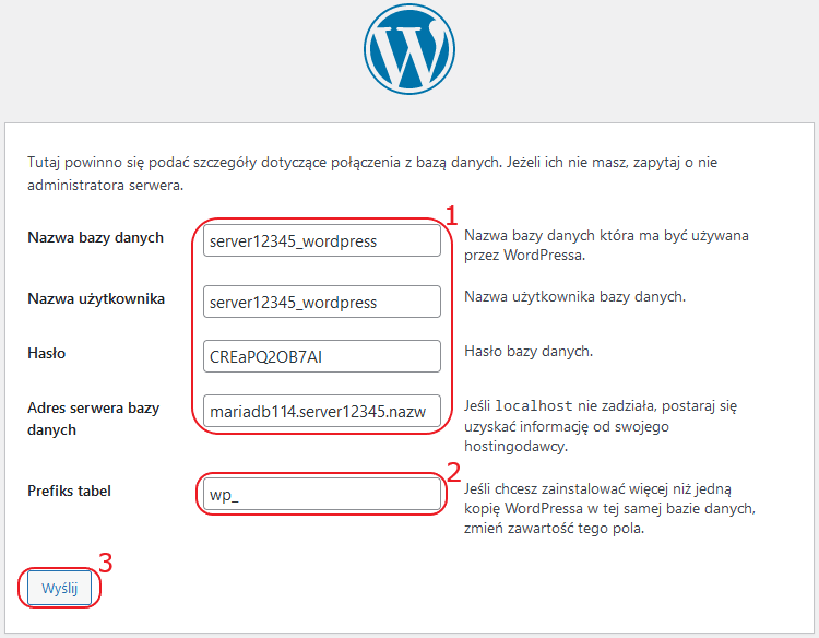 reczna instalacja wp wpisz dane bazy