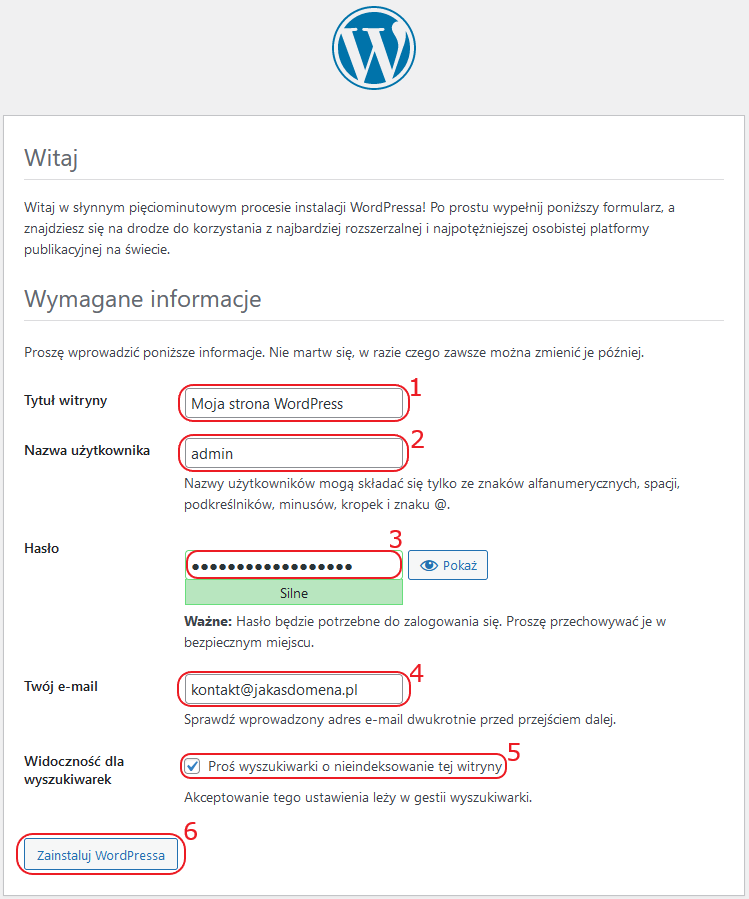 reczna instalacja wp formularz