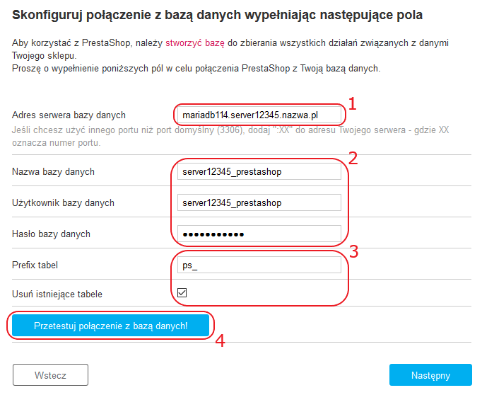 instalacja presta konfiguracja polaczenia z baza