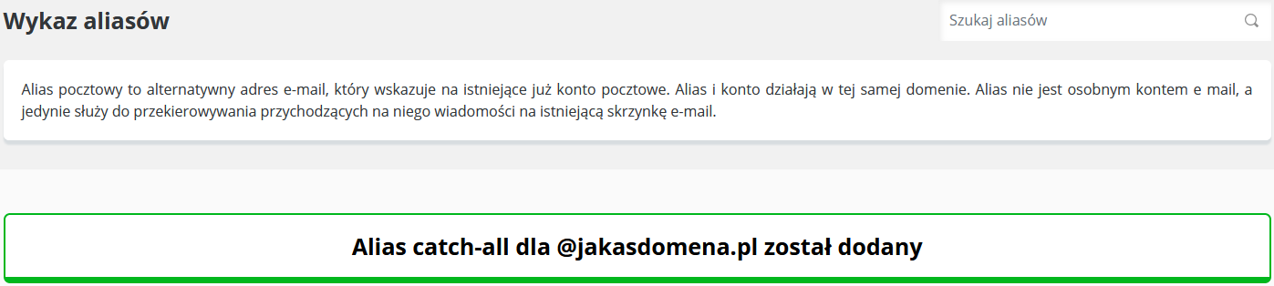 CloudHosting Panel alias catch-all potwierdzenie dodania