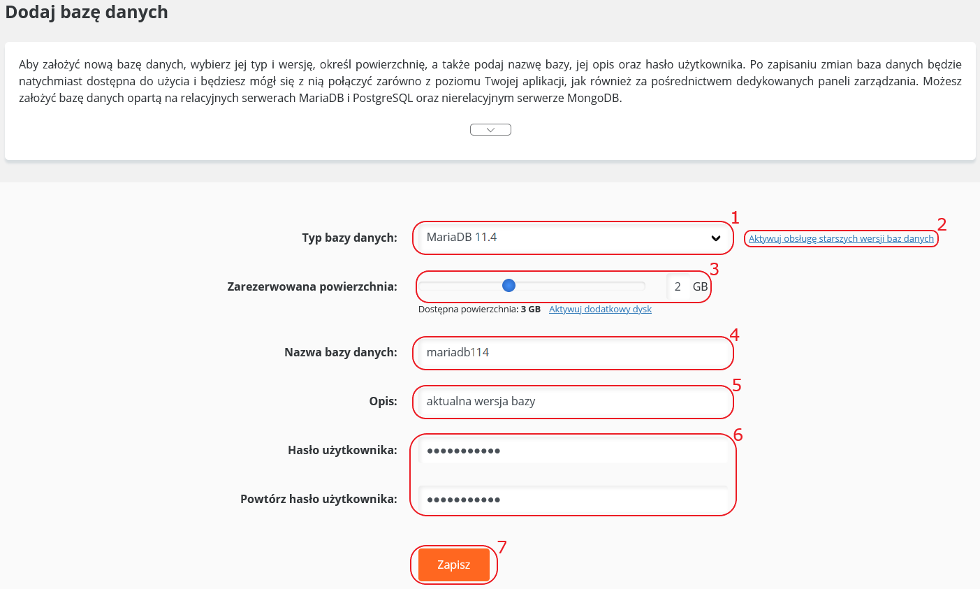 CloudHosting Panel dodaj baze danych