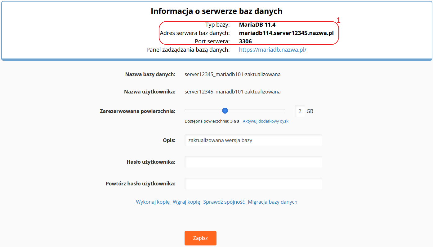 CloudHosting Panel bazy danych informacje o serwerze zaktualizowanej bazy