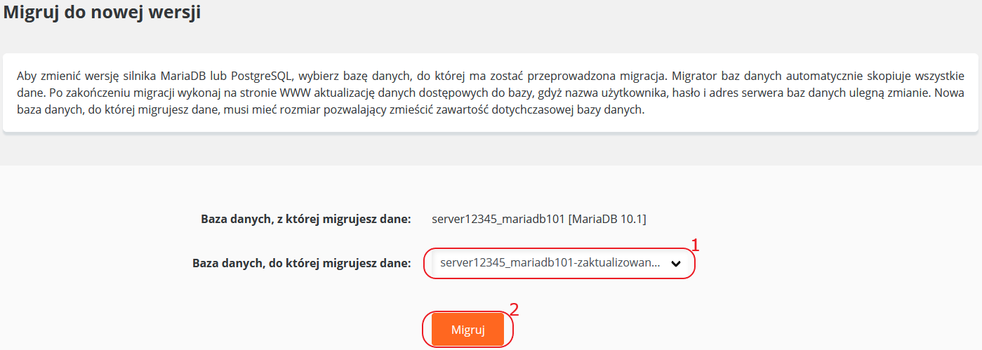 CloudHosting Panel bazy danych migracja do nowej wersji dane