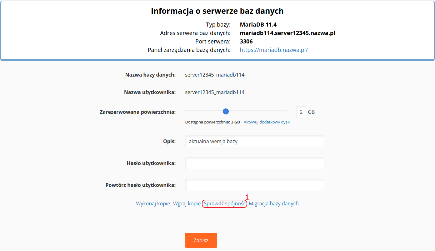 CloudHosting Panel bazy danych mariadb sprawdz spojnosc