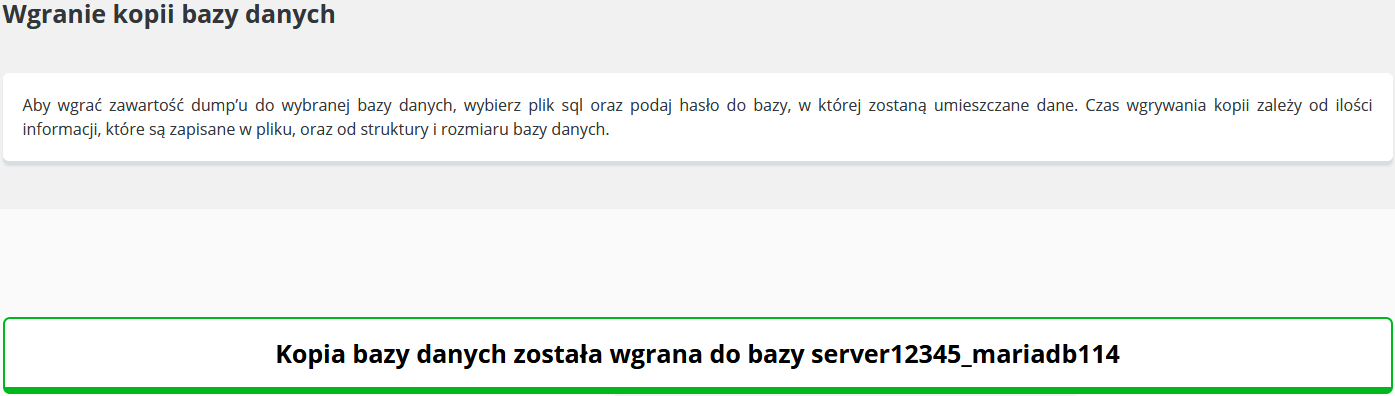 CloudHosting Panel bazy danych wgranie kopii potwierdzenie